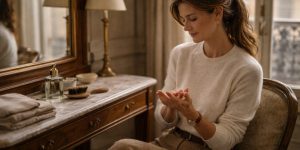 Quiet Luxury Beauty Habits for 2026, woman at wooden vanity applying hand cream in soft morning light refined European bedroom