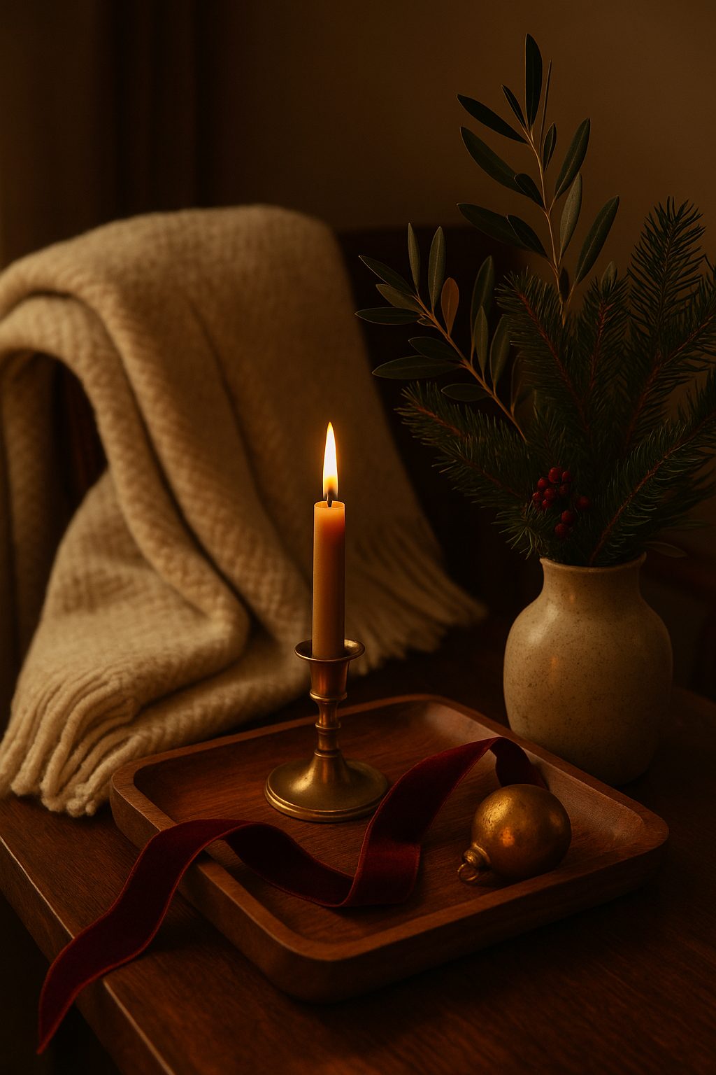 A cozy holiday vignette with a wool throw, pine sprigs in a vase, and a glowing candle on a walnut tray for a Quiet Luxury Holiday Decor Ideas