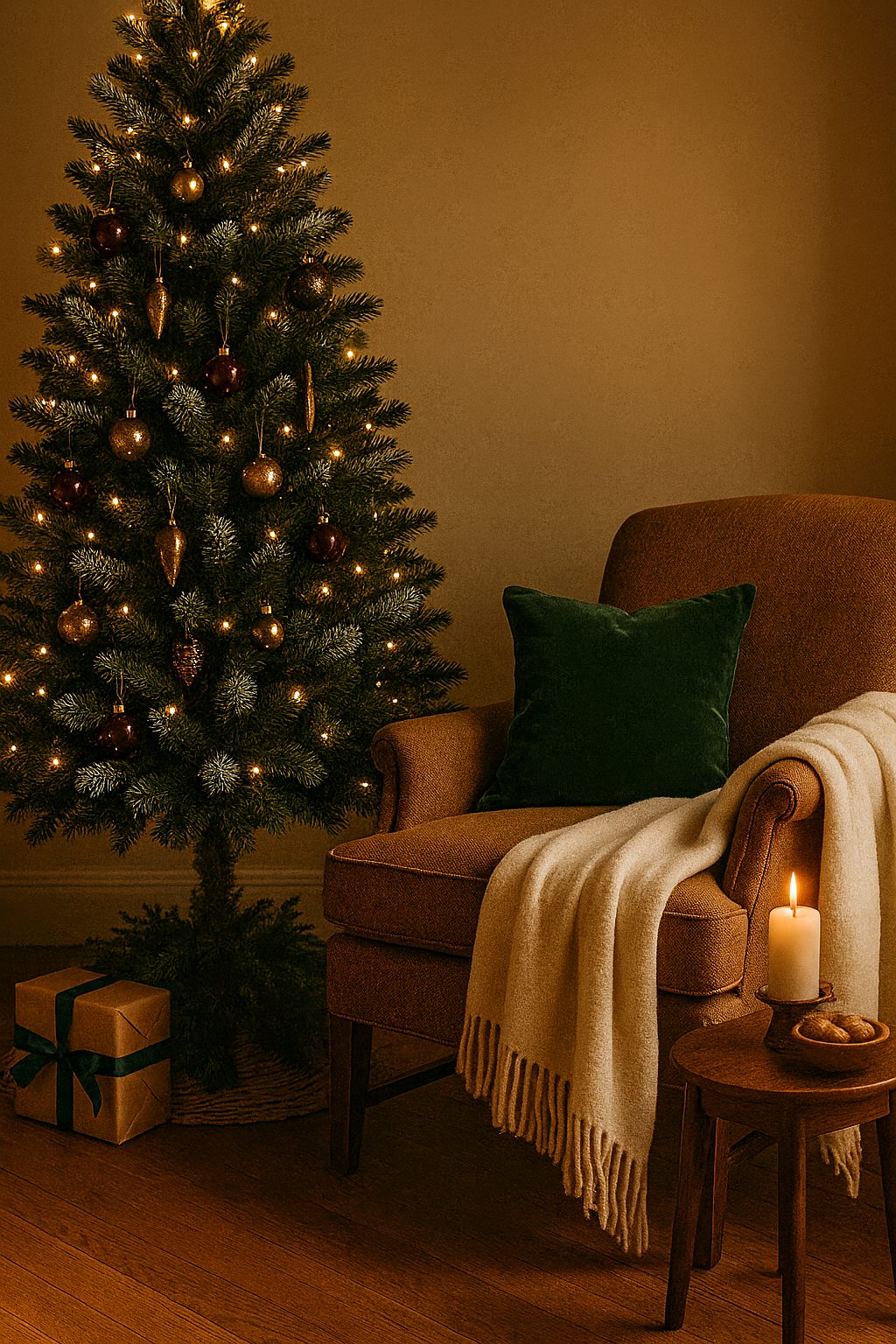 Serene holiday room with candles, walnuts, and a tree embodying Quiet Luxury Holiday Decor Ideas.