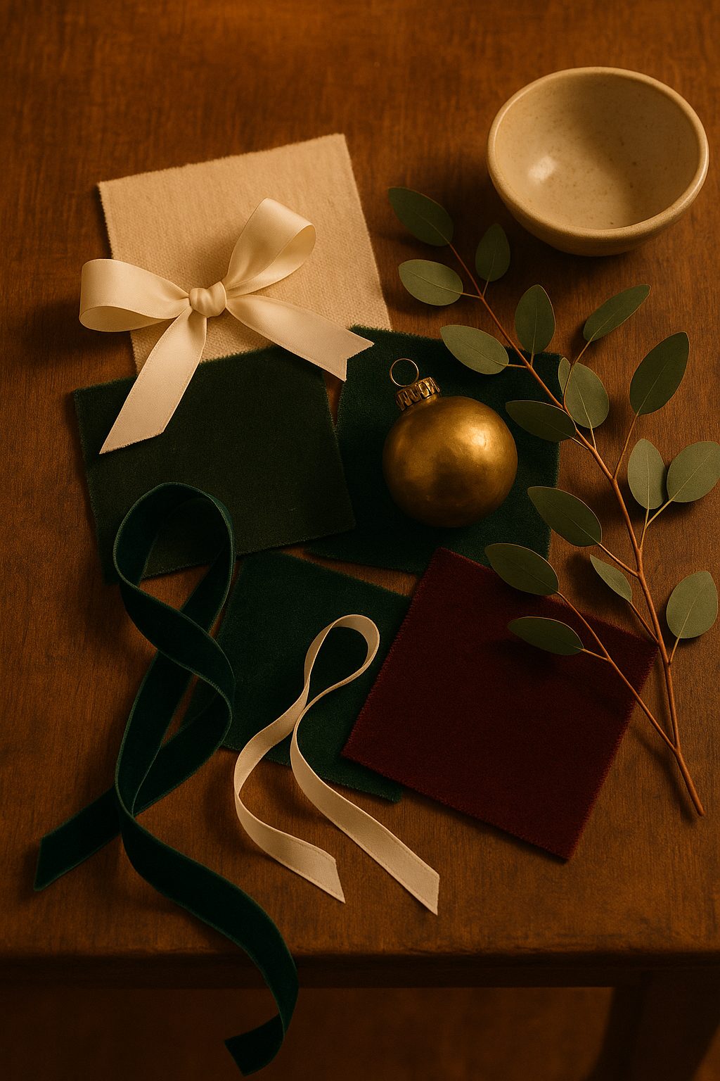 Elegant holiday palette with green ribbon, brass ornament, and eucalyptus for Quiet Luxury Holiday Decor Ideas.