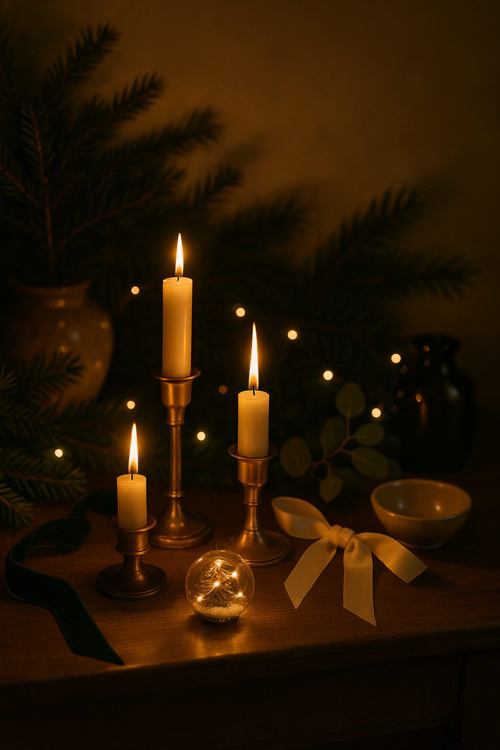Warm brass candles and greenery glowing softly, illustrating Quiet Luxury Holiday Decor Ideas.
