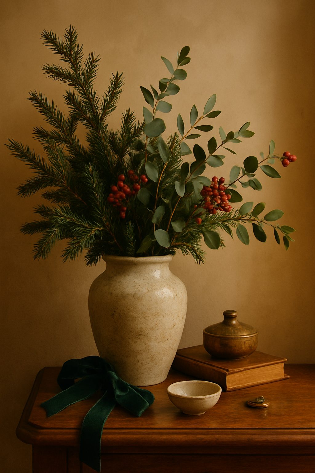 Ceramic vase with full pine and red berries in warm light showcasing Quiet Luxury Holiday Decor Ideas.