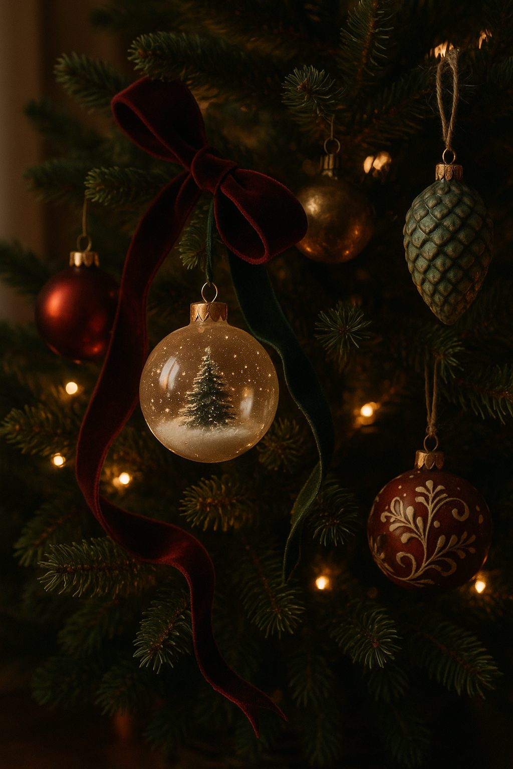 Christmas tree with gold, red, and clear ornaments styled for Quiet Luxury Holiday Decor Ideas.