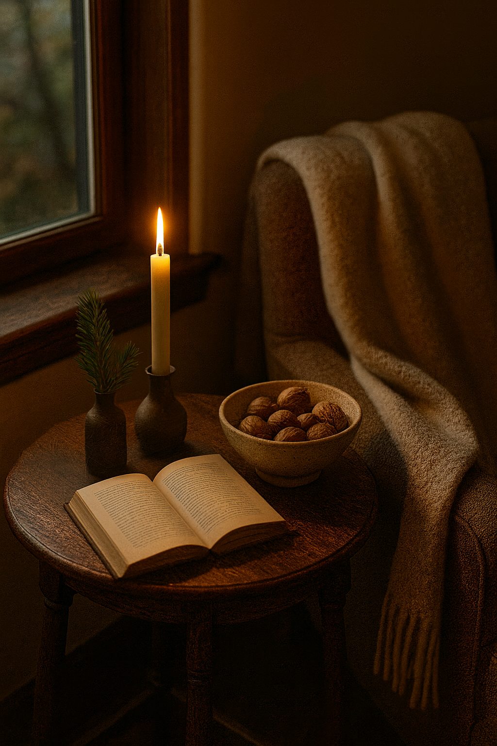 Warm side-table vignette with books, pine, and candle capturing Quiet Luxury Holiday Decor Ideas.