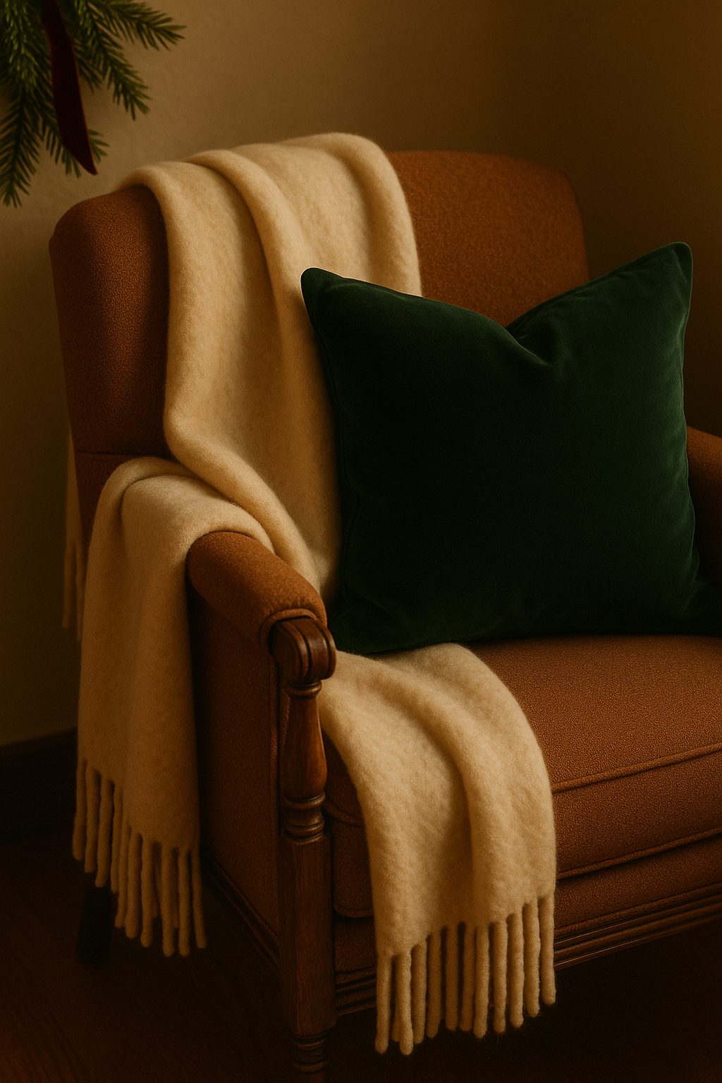 Soft wool throw and greenery in a cozy room expressing Quiet Luxury Holiday Decor Ideas.