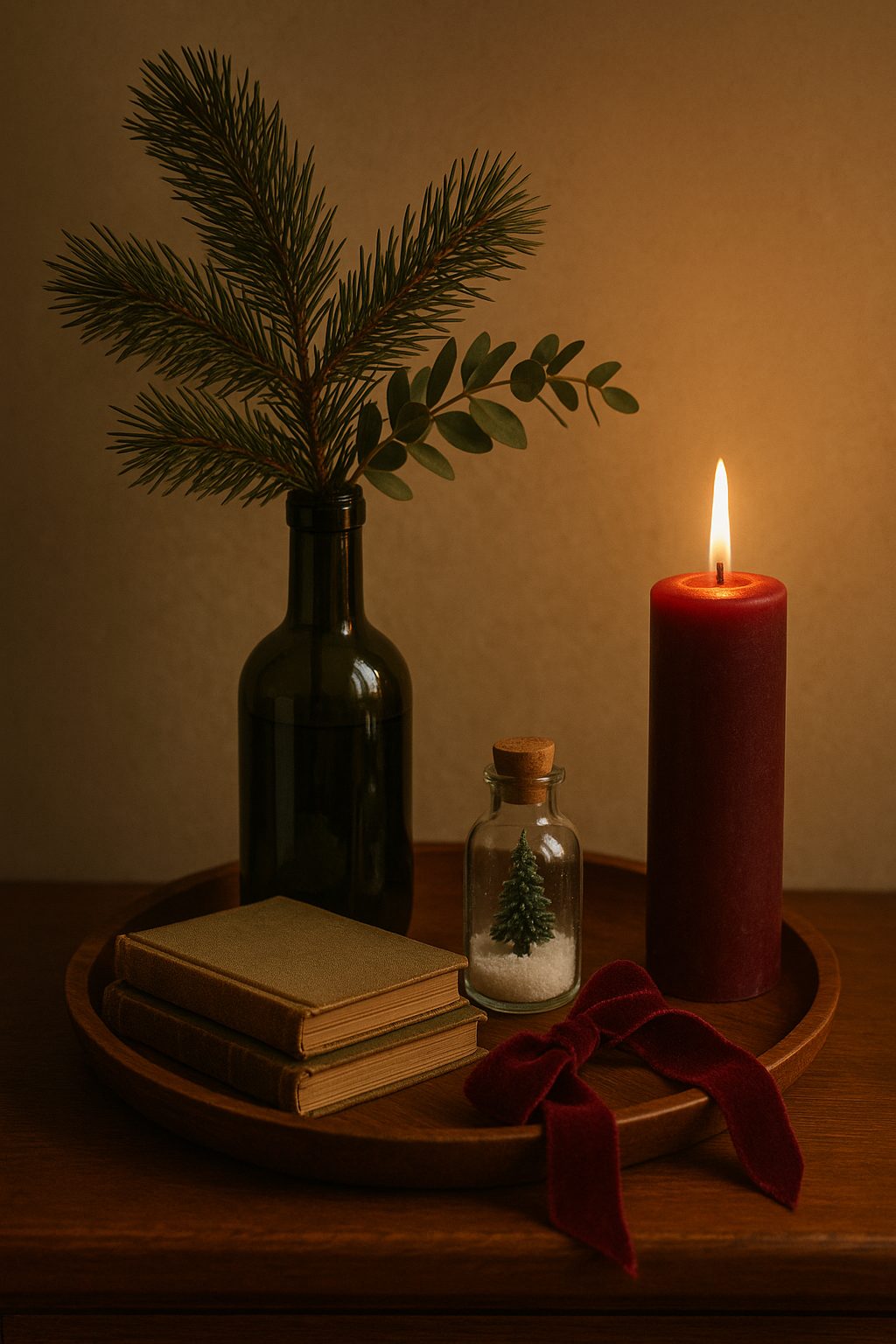 Vintage books, repurposed bottle vase, and candle arranged for Quiet Luxury Holiday Decor Ideas.