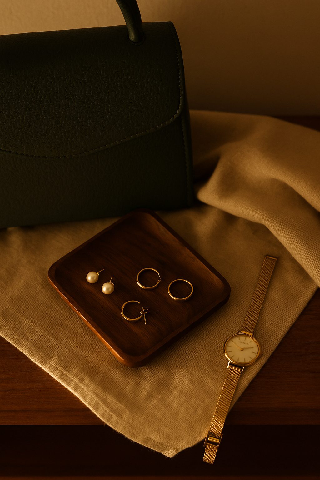 Refined jewelry showing What to Wear When Meeting His Family with small hoops, pearls, and a simple watch.