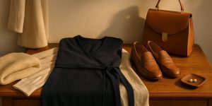 Warm vignette of navy dress, loafers, and coat on a wooden dresser for What to Wear When Meeting His Family, styled in quiet luxury.