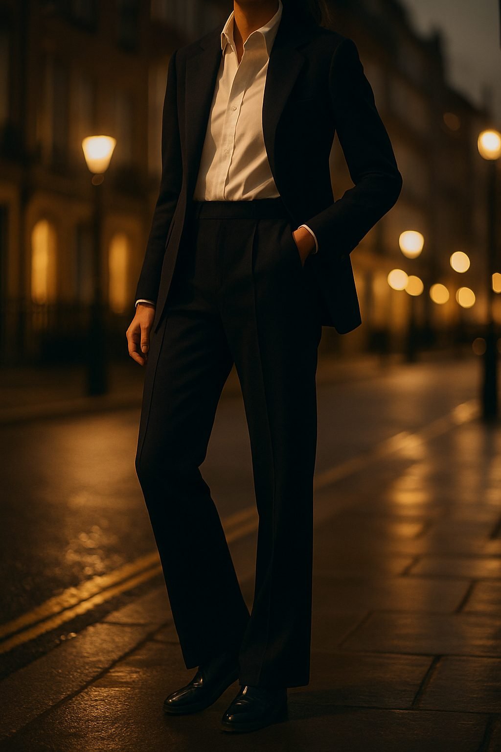 London night out outfit highlighting tailored straight leg trousers with elegant drape and polished shoes on a softly lit city street
