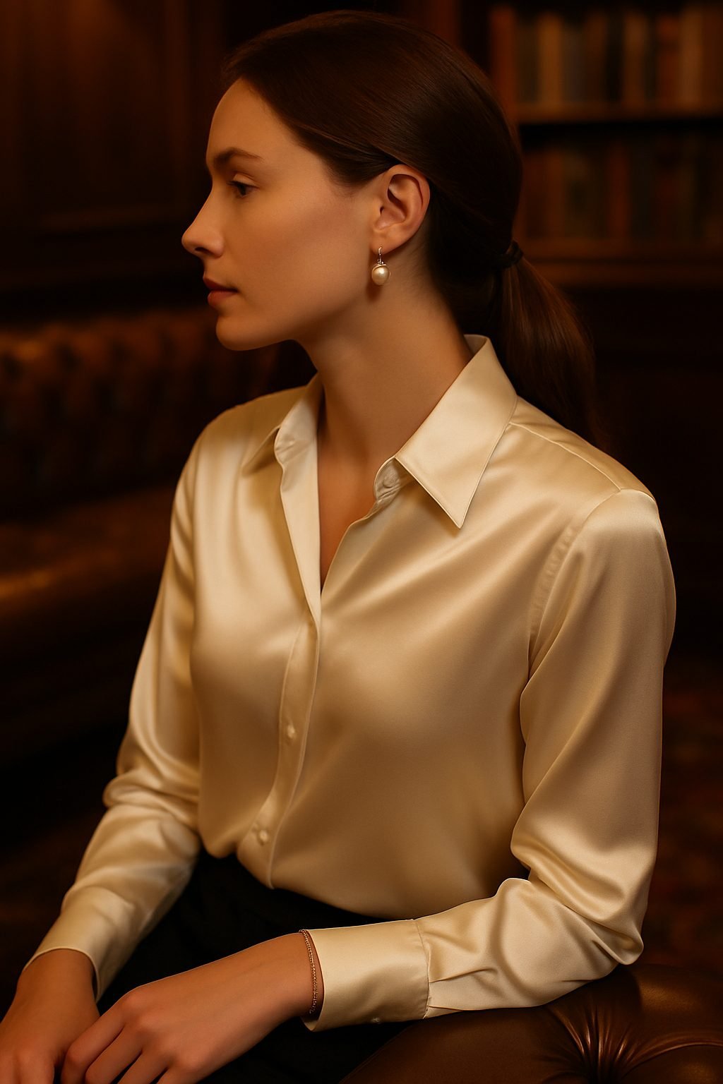 London night out outfit detail showing a refined silk blouse in deep tones under warm restaurant lighting with quiet luxury texture