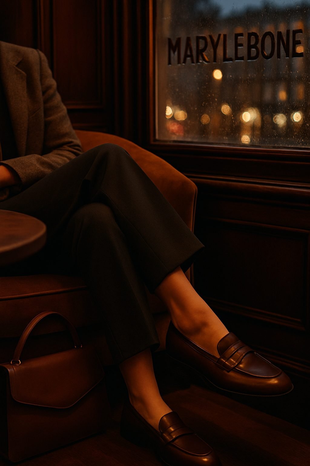 Close up of polished brown loafers crossed neatly while seated in London café, rain on window and london night out outfit.