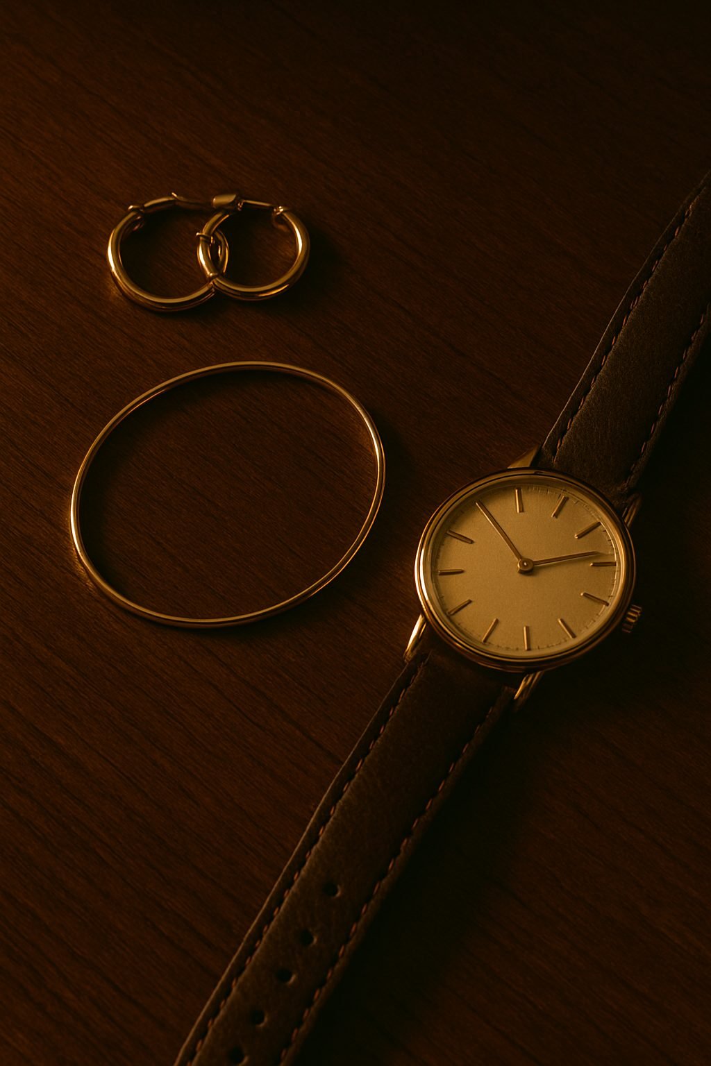 London night out outfit detail showing small gold hoops and minimal jewelry styled on dark wood with soft glow and classic elegance