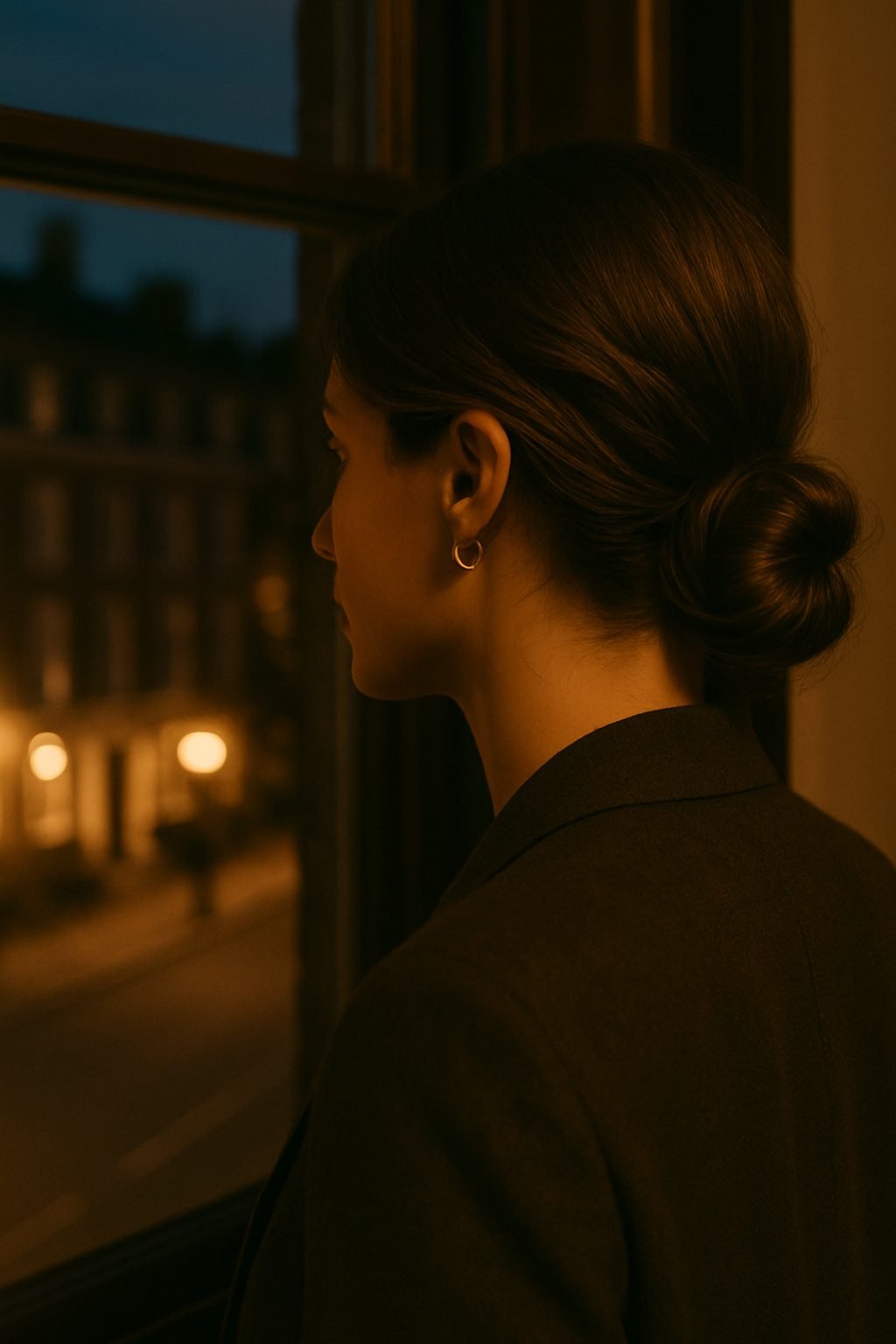 London night out outfit showing effortless hair styling with a low bun and subtle waves near a window overlooking city lights
