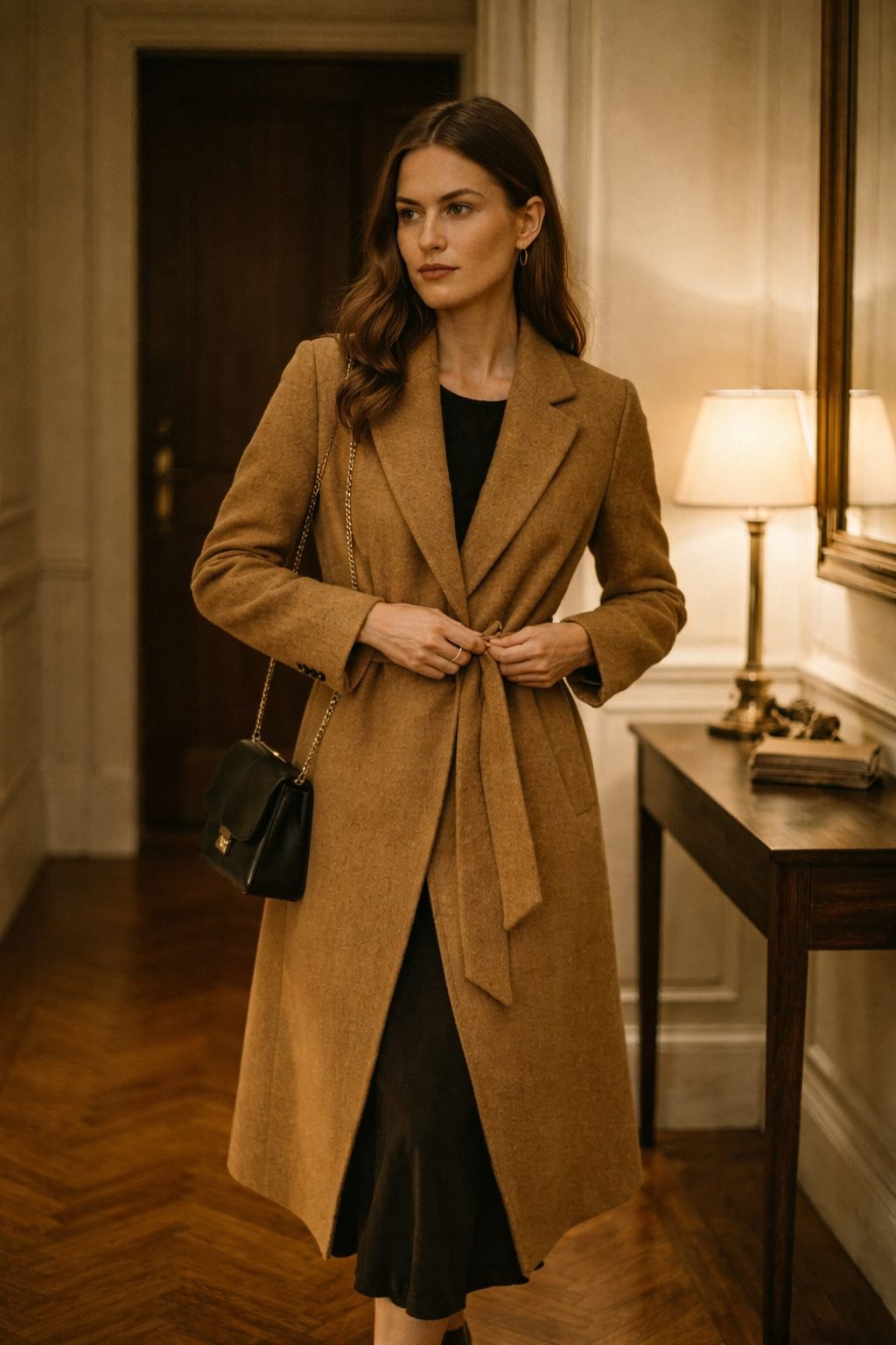Elegant London night out outfit showing woman in camel wrap coat over midi dress in warm townhouse entry, leather bag and boots