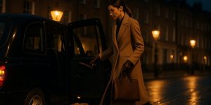 Woman stepping out of black London taxi at night in camel coat and heels, streetlights glowing, elegant london night out outfit
