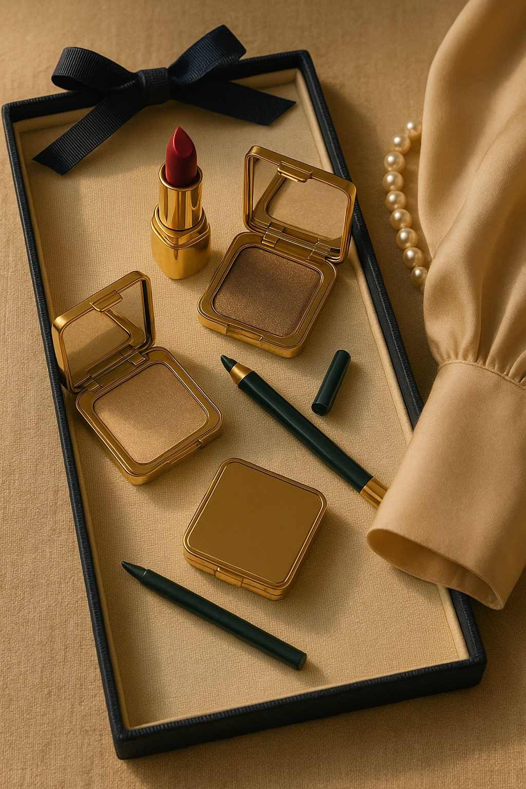 A curated selection of makeup shades on textured fabric, featuring champagne shimmer, berry lipstick, taupe shadow, and navy liner for refined new years makeup inspiration.