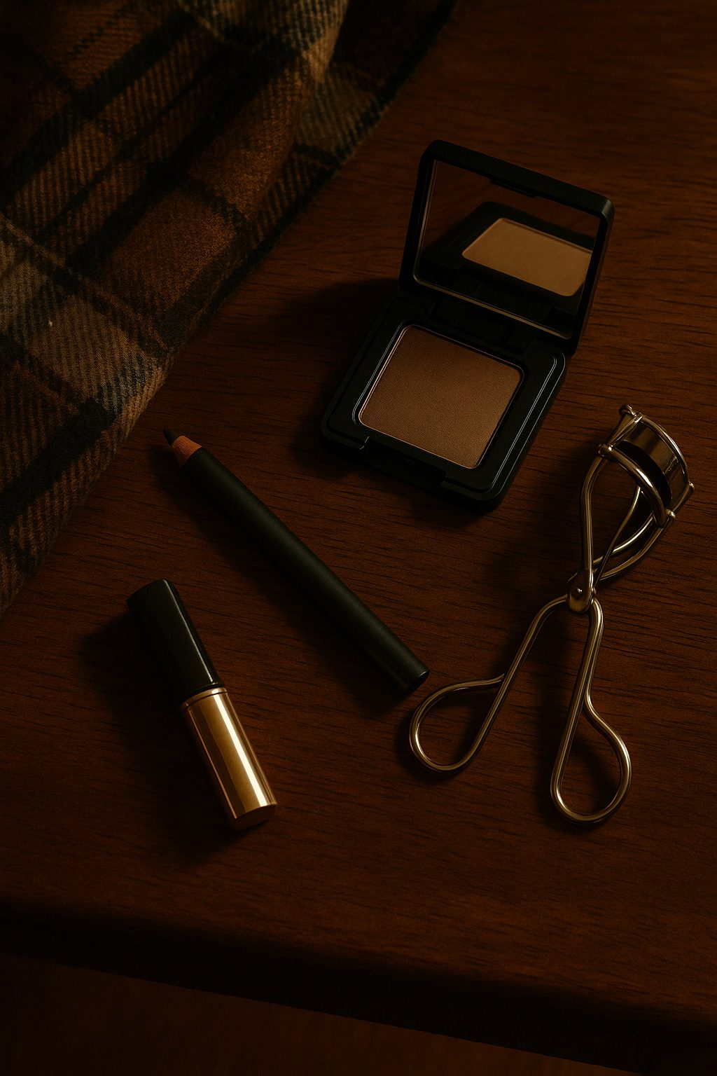 Old-money eye makeup essentials on a walnut table with neutral shadow, liner, and curler styled for soft, refined New Years Makeup.