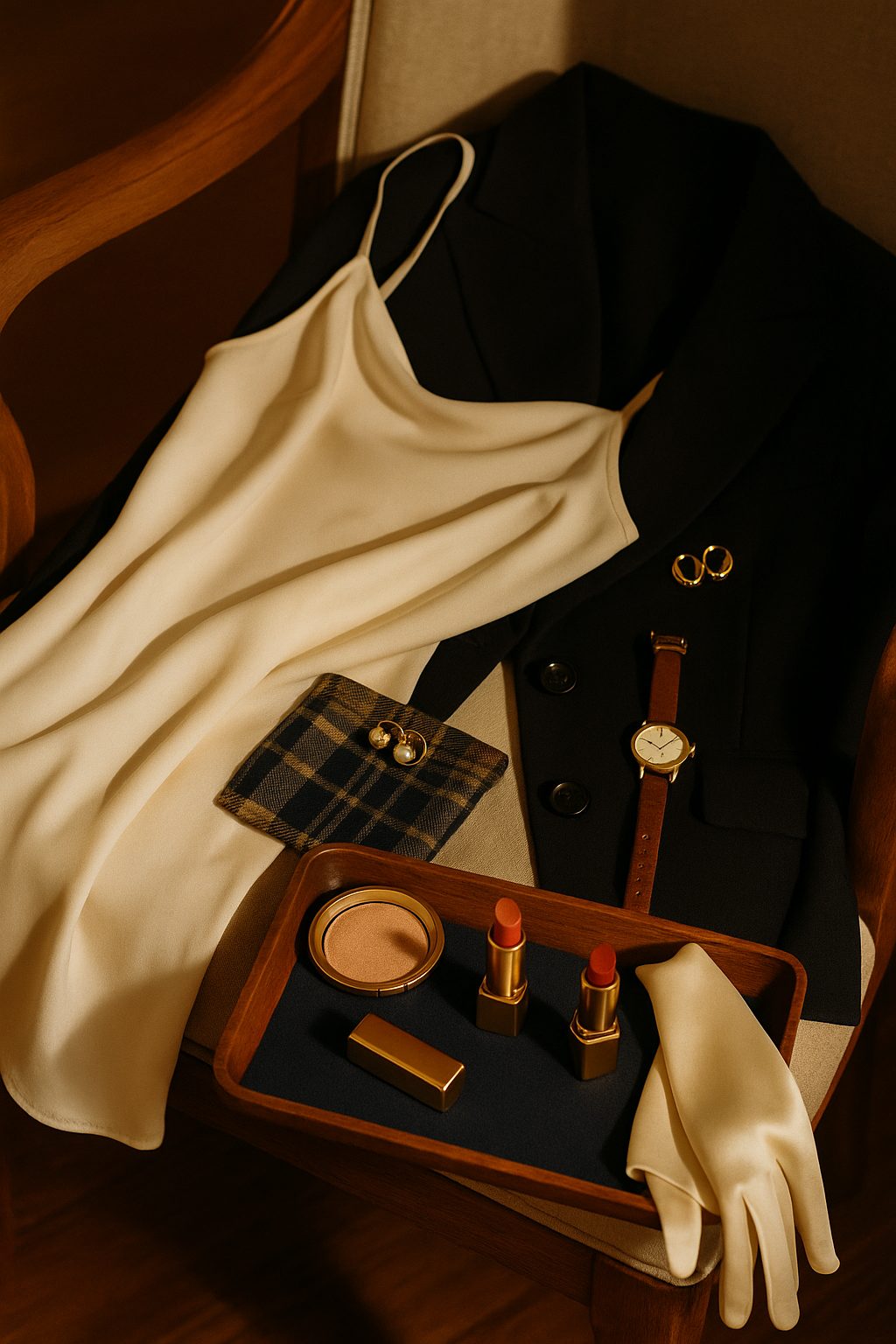 Flat-lay featuring the corner of a silk dress, gold jewelry, and a small makeup bag, connecting outfit details with elegant new years makeup styling.