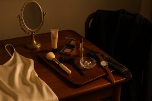 Warm old-money vanity scene with silk dress, blazer, and refined products arranged for an elegant New Years Makeup moment.