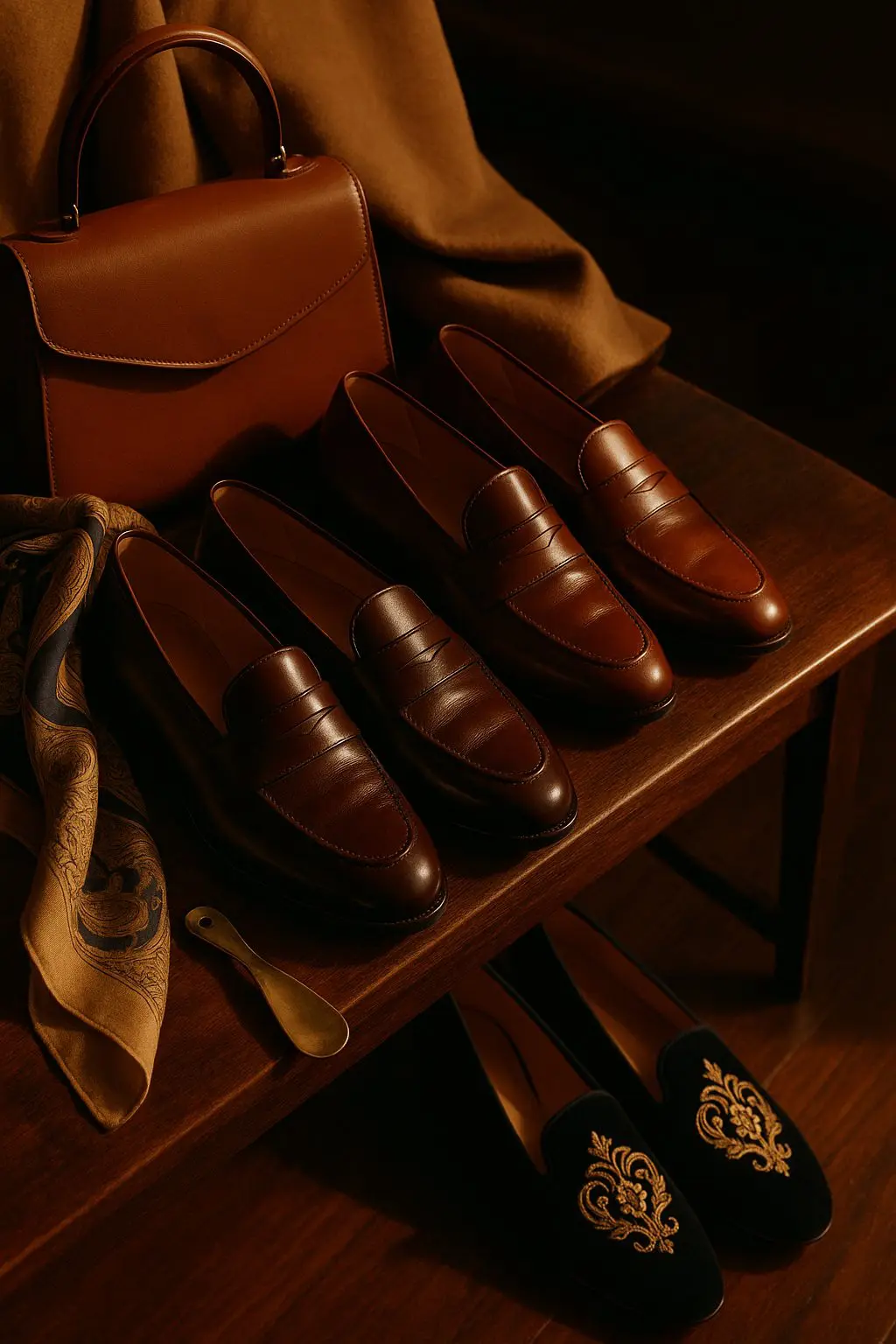 Old money shoe brands styled on a dark walnut bench with leather loafers, velvet slippers, silk scarf, handbag, and warm light.