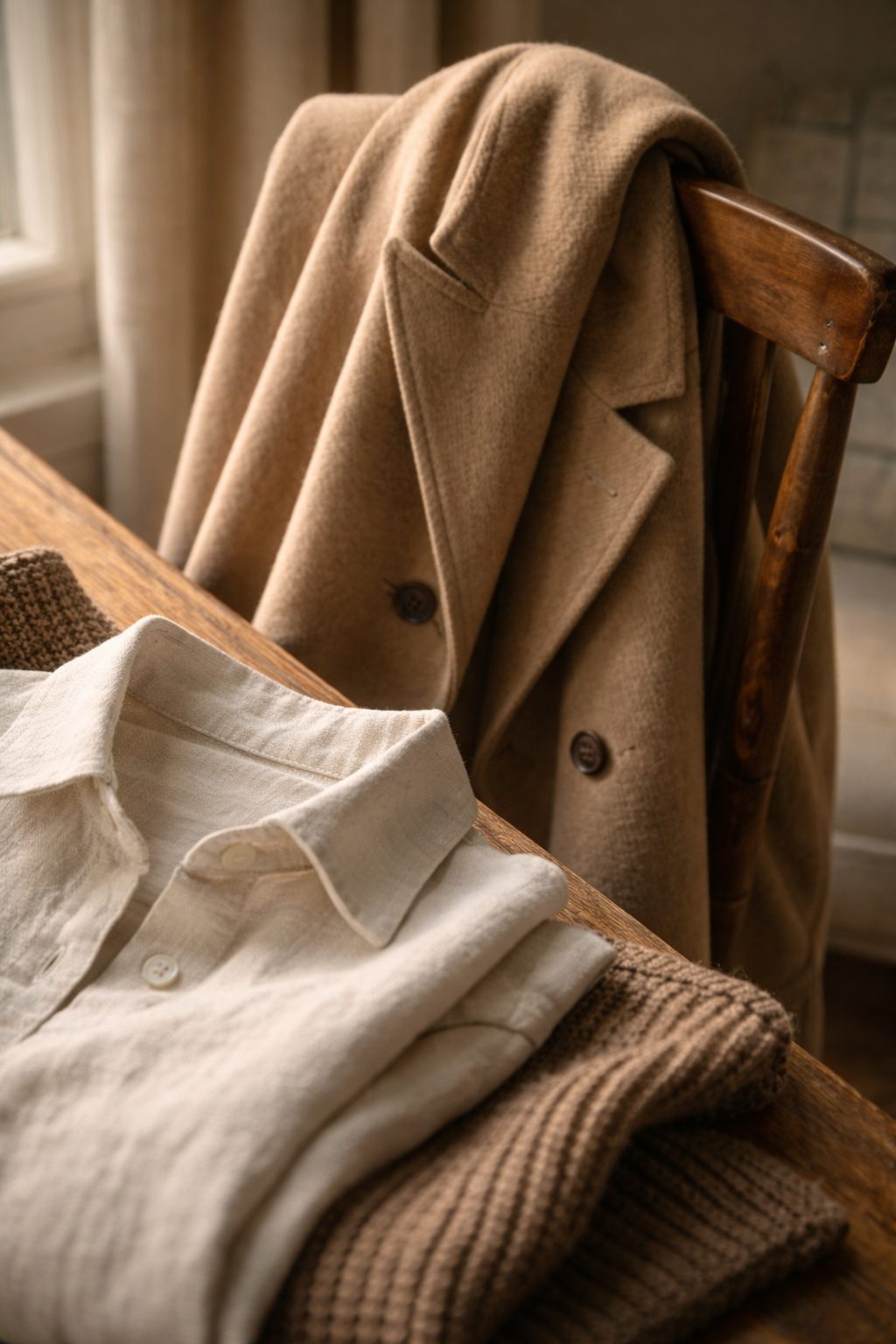 Linen, wool and ribbed knits layered together to show 2026 fashion trends focused on texture and quality.