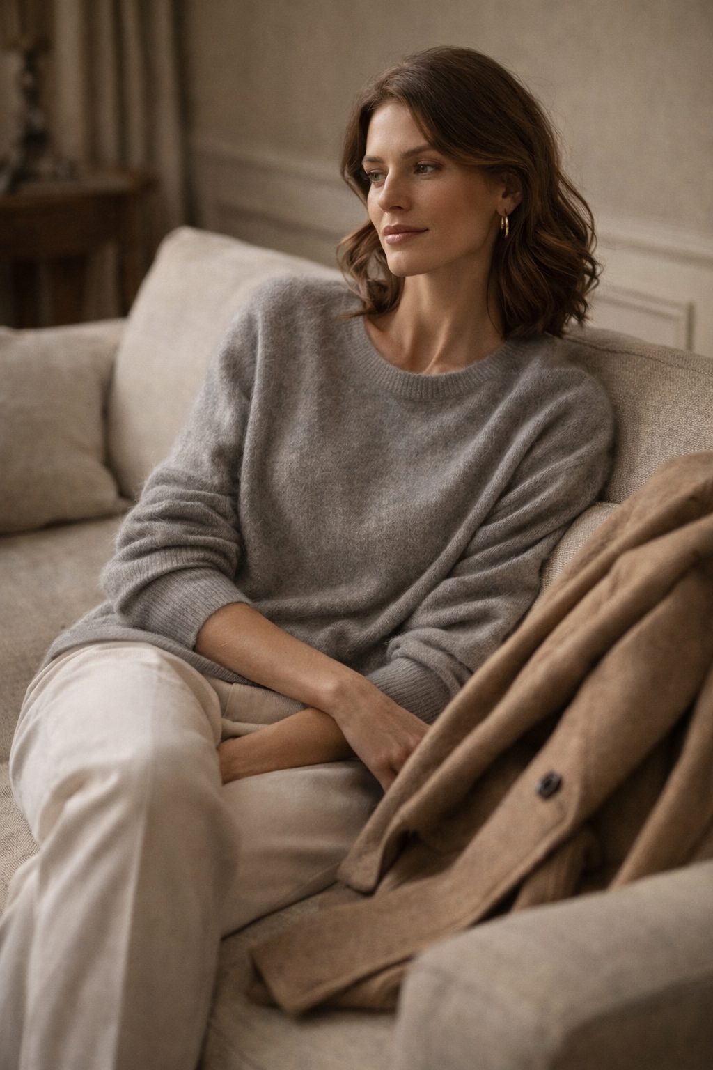 Soft wool sweater naturally draped and worn, echoing 2026 fashion trends centered on comfort and wearability.