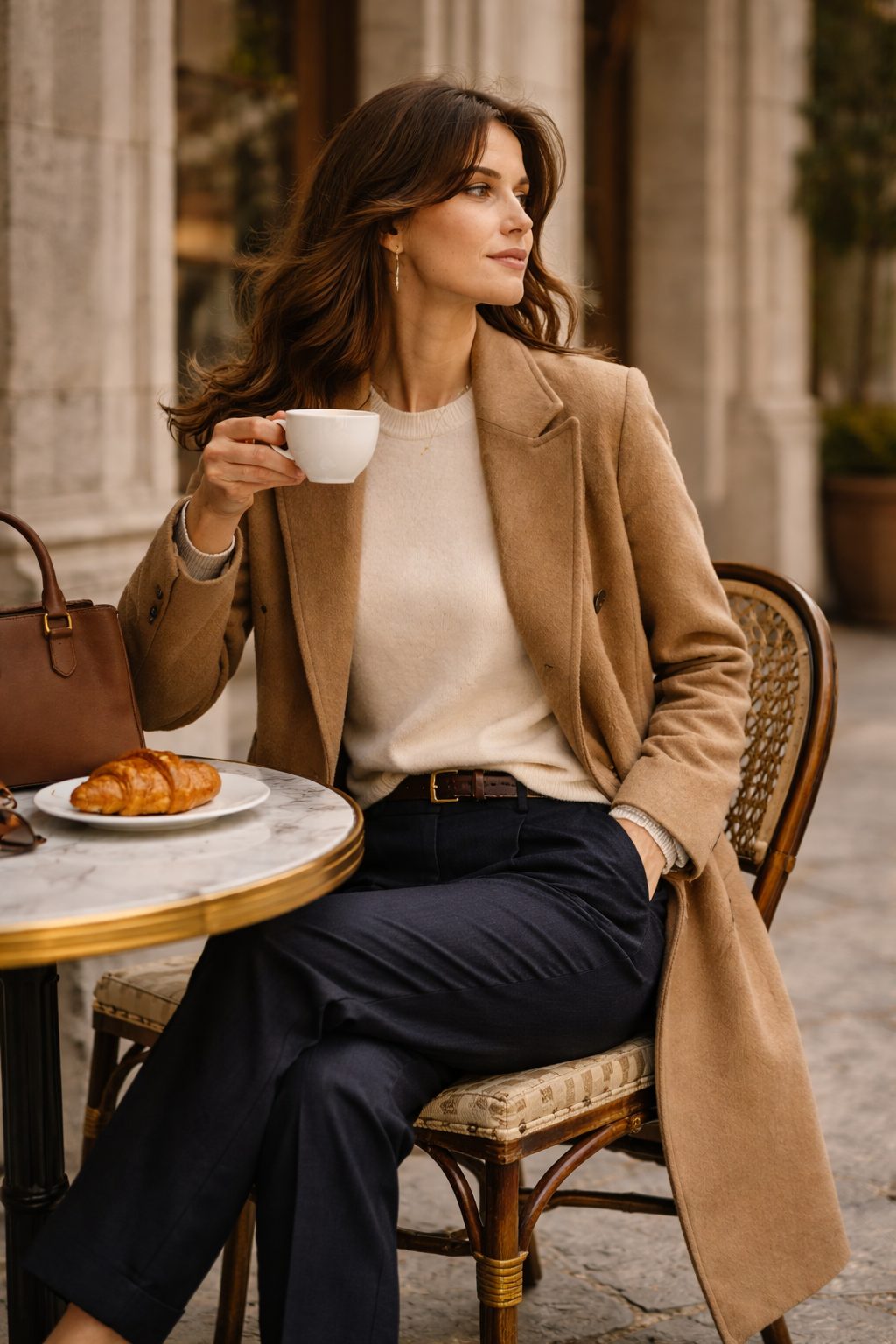 Long wool coat, knitwear and trousers worn outdoors with coffee, reflecting effortless 2026 fashion trends.
