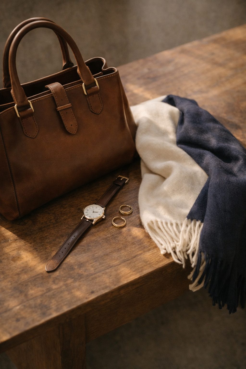 Structured bag, scarf and gold pieces together reflect 2026 fashion trends through timeless everyday accessories.