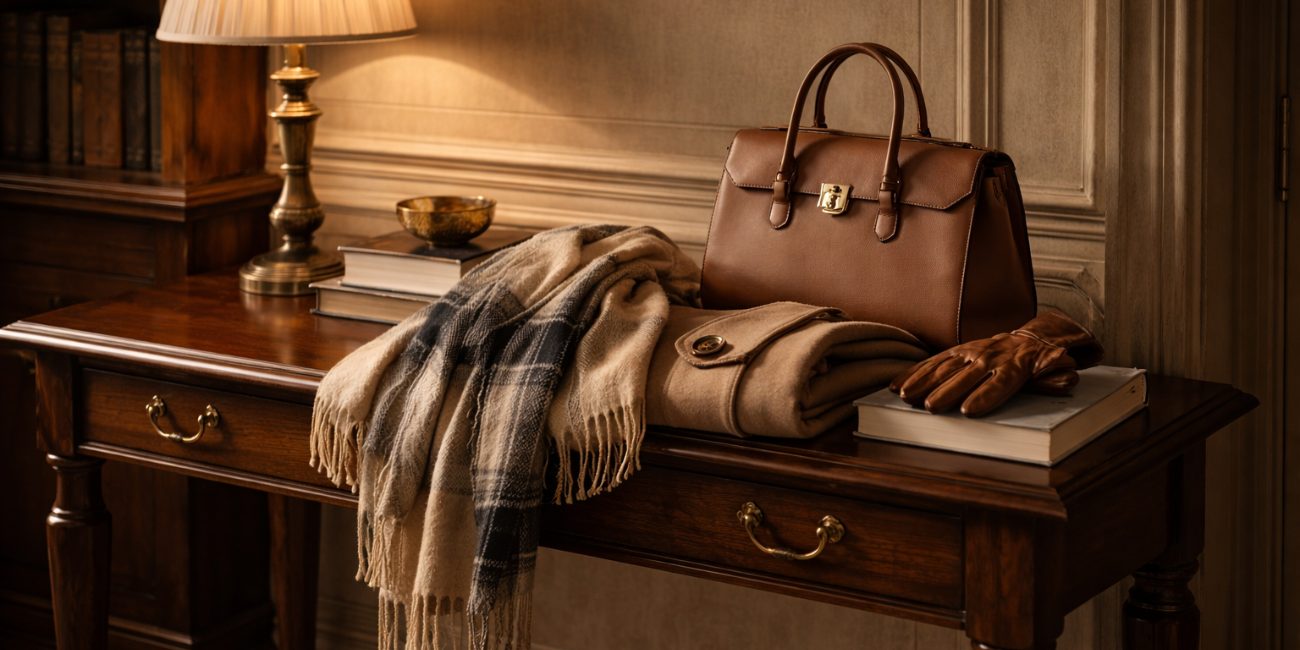 Structured bag, wool coat, gloves and scarf on a console table, classic pieces echoing 2026 fashion trends.