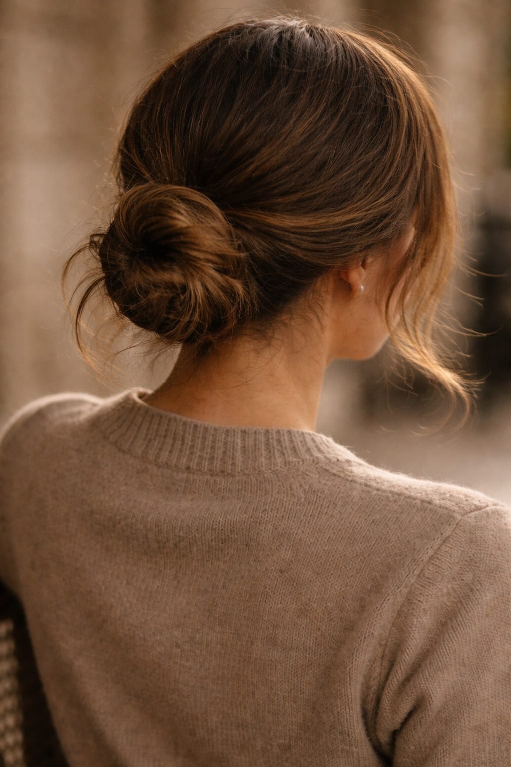 Relaxed low bun worn at the nape with soft texture, a practical and timeless look in 2026 hair trends