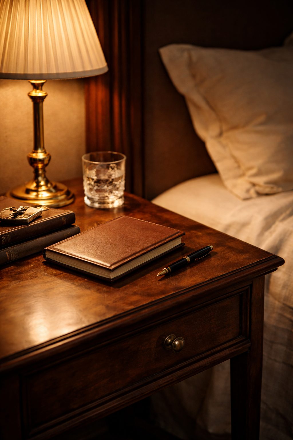 Closed notebook on bedside table in evening light, representing gentle reflection within a 2026 vision board