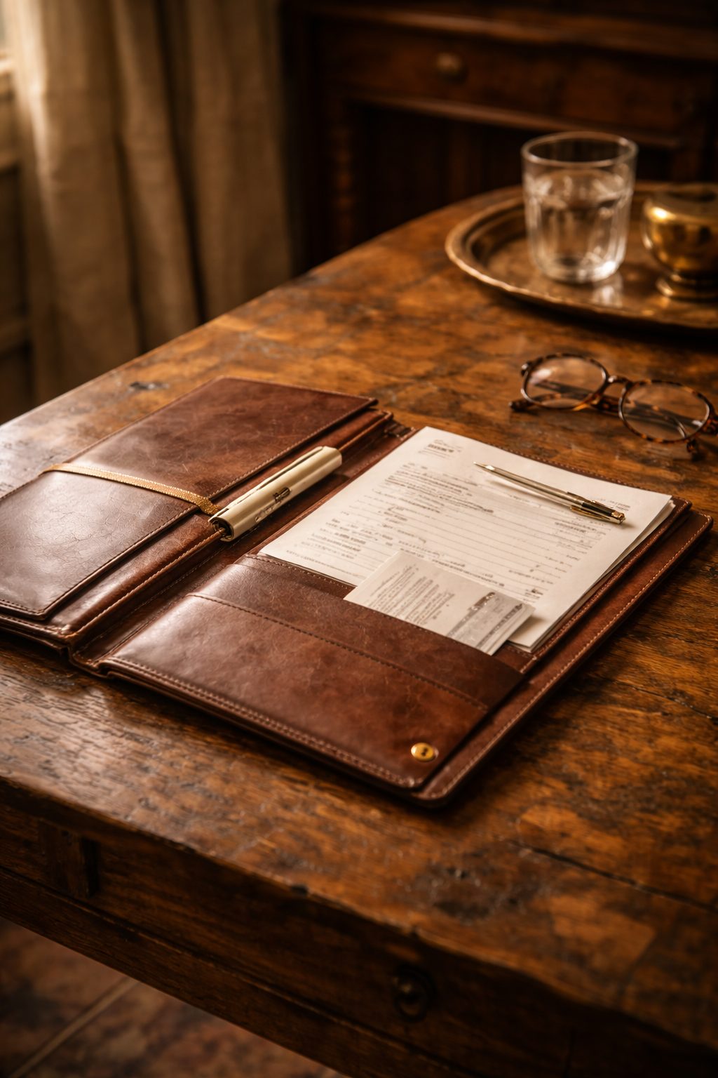 Organized papers and leather folder on wood table, representing calm financial structure in a 2026 vision board