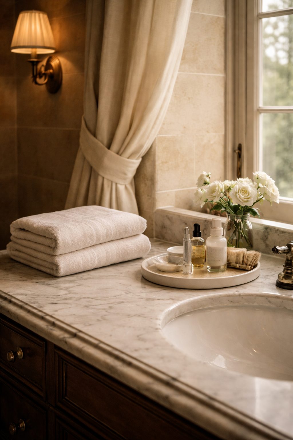 Simple European bathroom with soft light, reflecting realistic health and beauty habits on a 2026 vision board