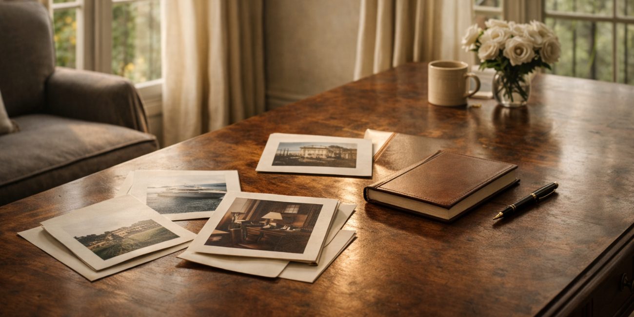 Warm European interior with printed photos and notebook in soft light, capturing the calm essence of a 2026 vision board