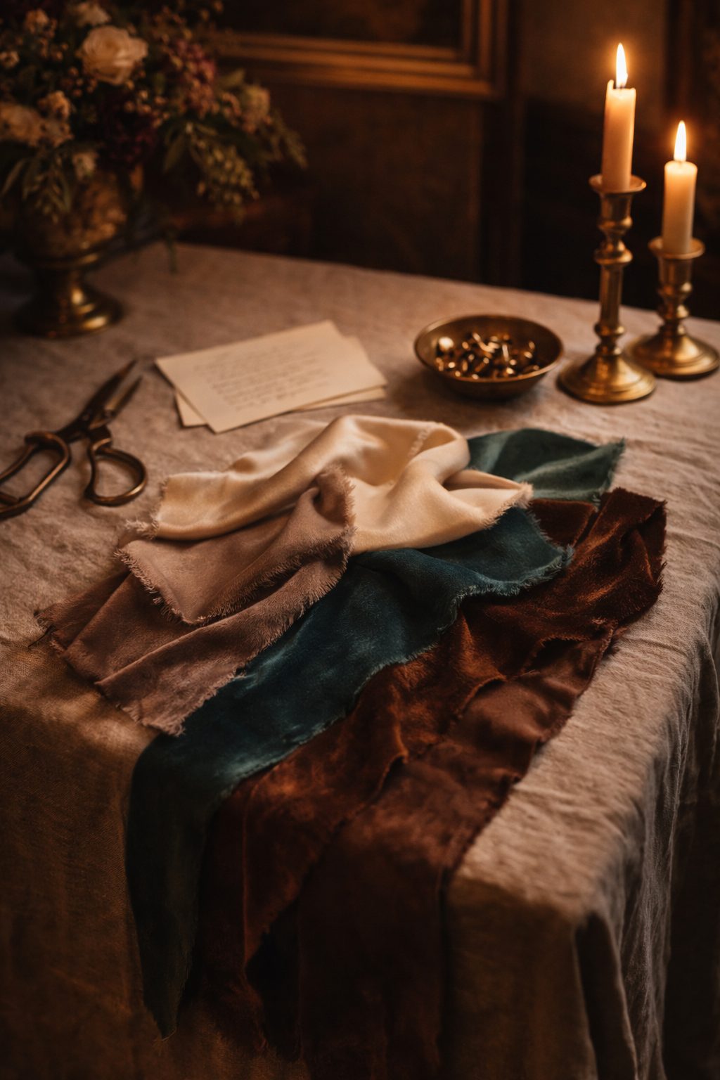 Soft ivory, navy, and muted greens shown in decor details, a timeless color story for 2026 wedding trends