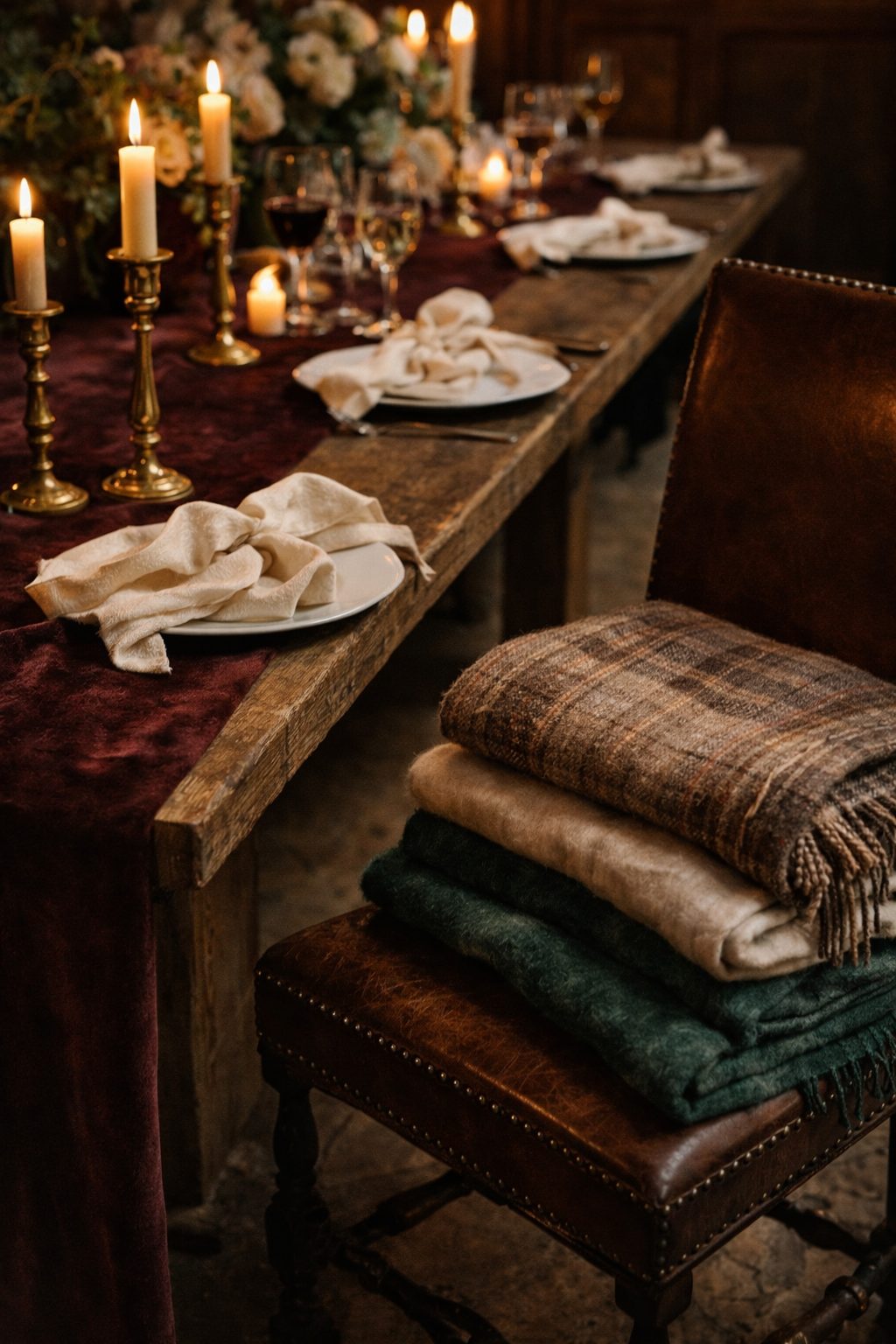 Layered linens, wood, brass, and stone textures creating depth and warmth in classic 2026 wedding trends