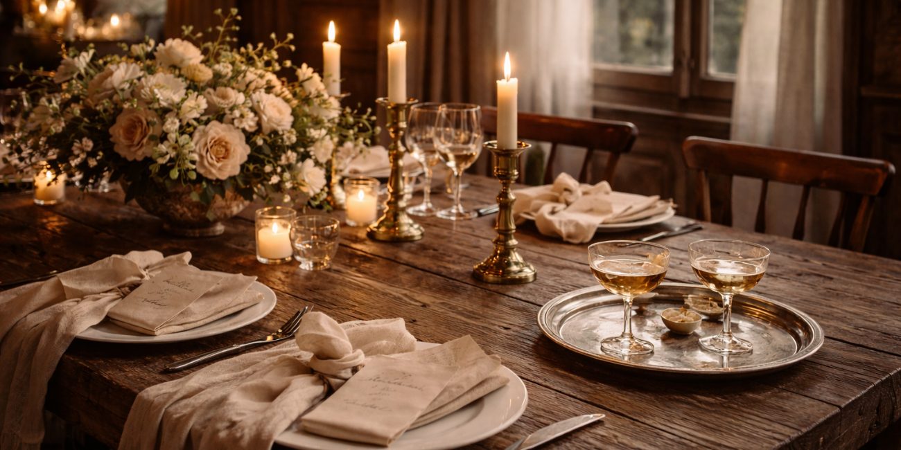 Classic table with candles, florals, and handwritten details in soft light, capturing timeless 2026 wedding trends
