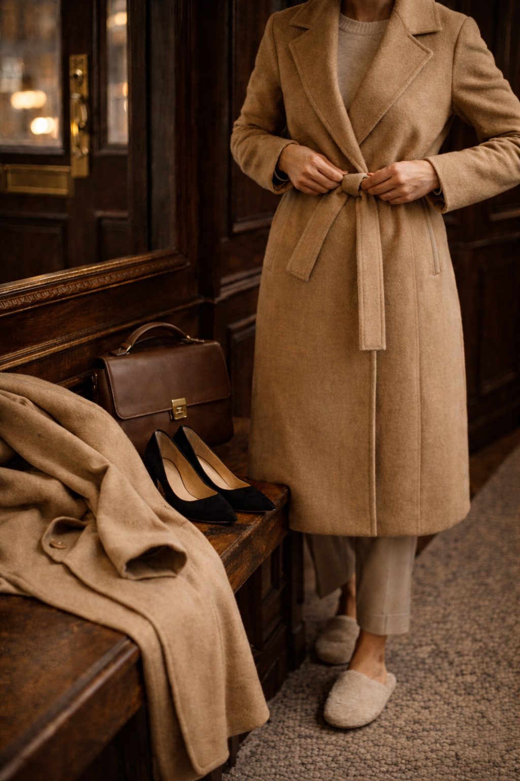 Classic Valentine’s Outfits You Already Own woman tying coat belt with bag and shoes ready on entryway bench