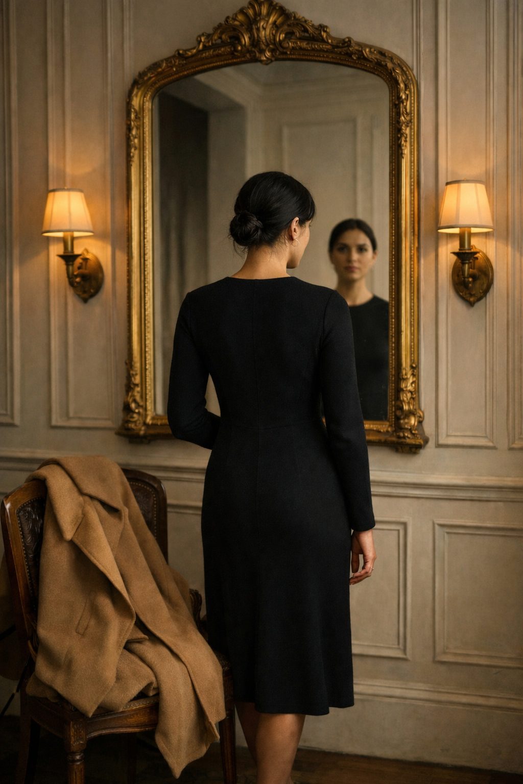 Classic Valentine’s Outfits You Already Own woman in black knit dress adjusting earring in front of gold mirror