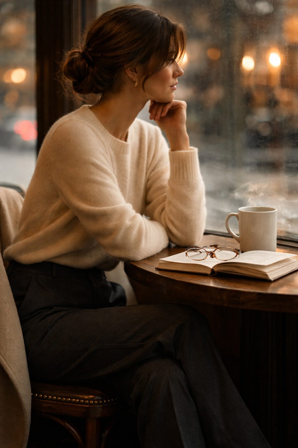 Classic Valentine’s Outfits You Already Own cashmere sweater and tailored trousers in warm café window glow