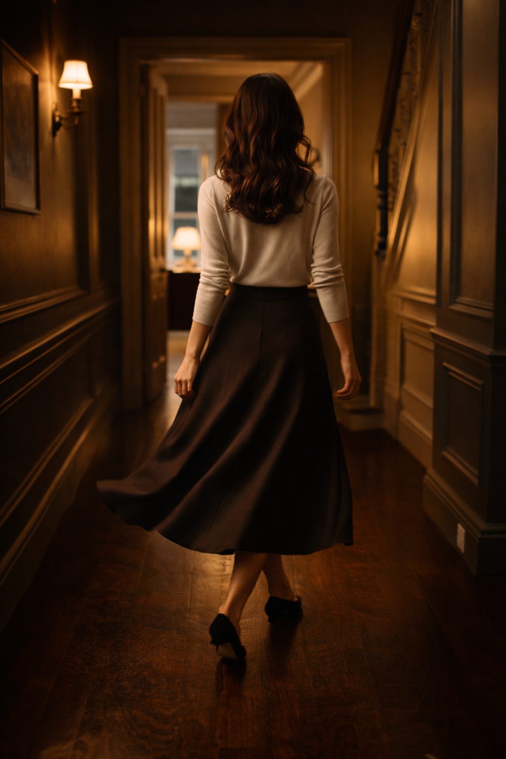 Classic Valentine’s Outfits You Already Own flowing wool midi skirt in soft motion walking through townhouse hall