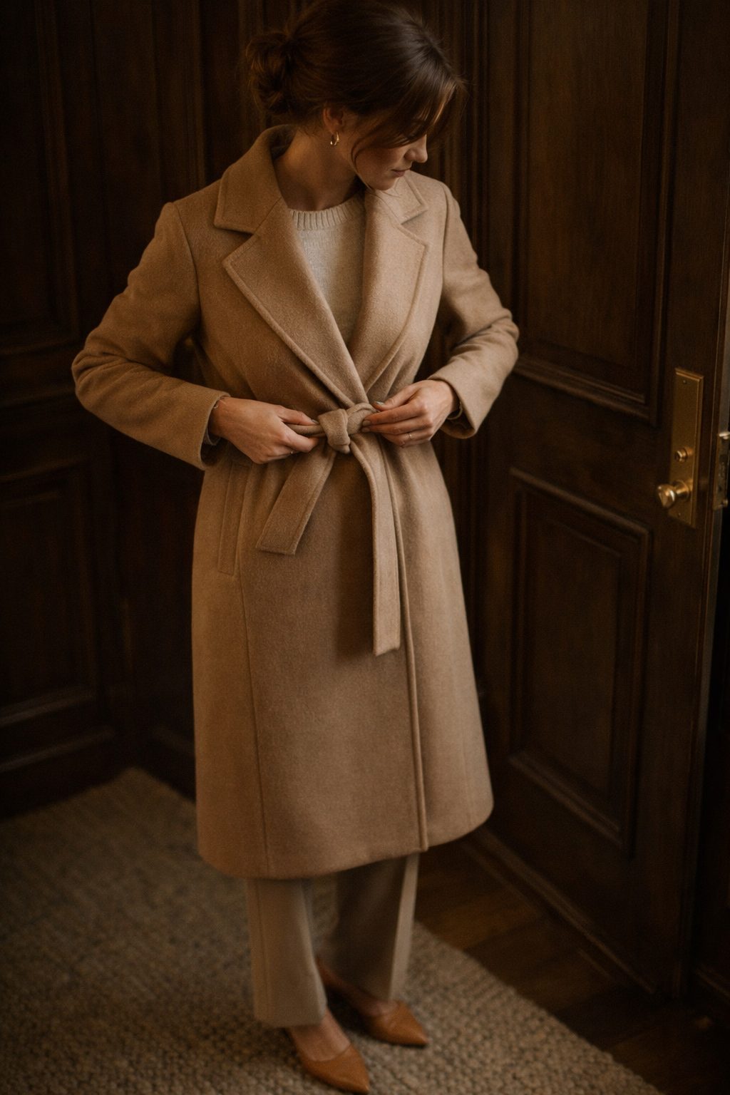 Classic Valentine’s Outfits You Already Own tonal camel outfit and wrap coat in warm entryway lighting