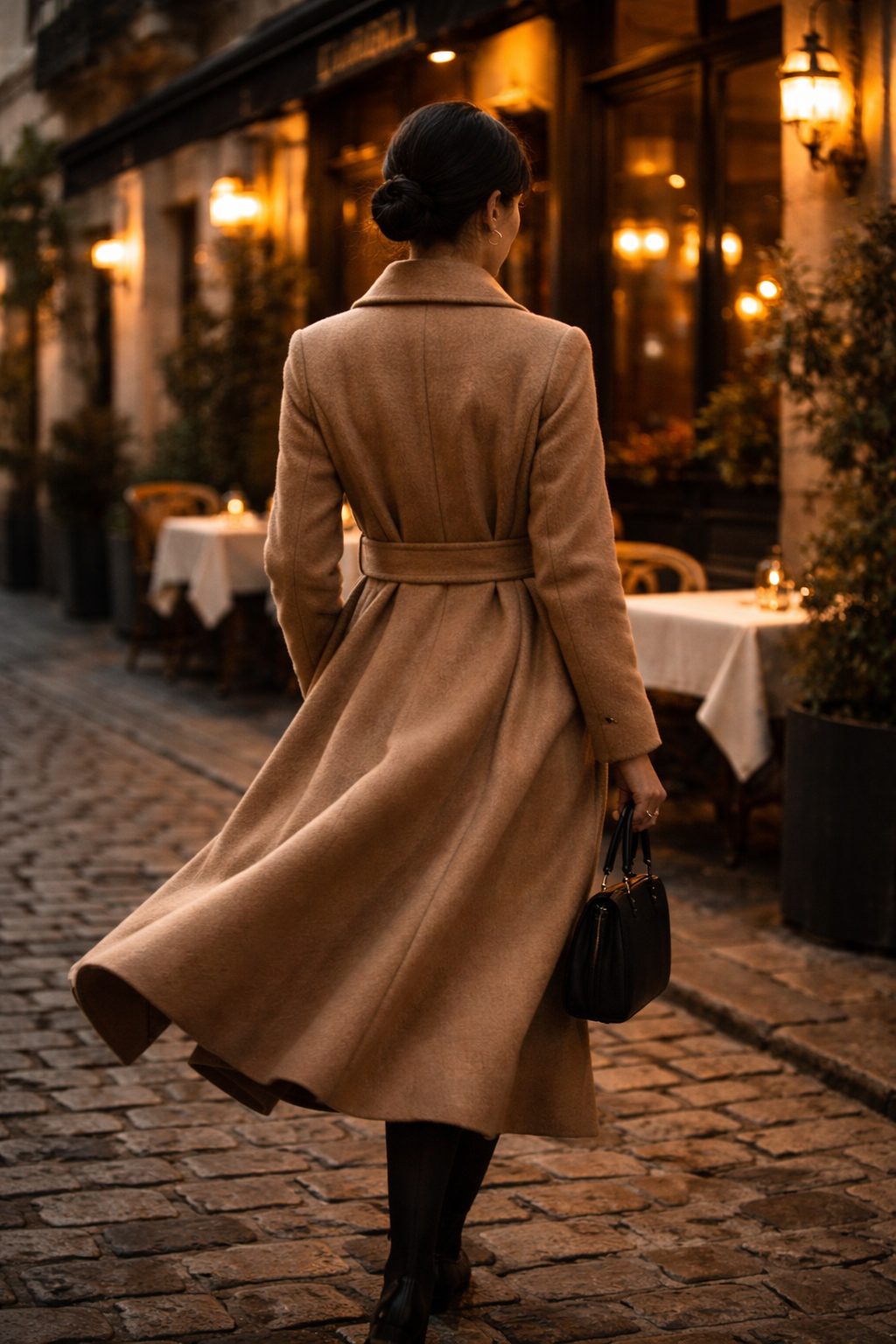 Classic Valentine’s Outfits You Already Own long wool coat belted as woman steps out into evening streetlight