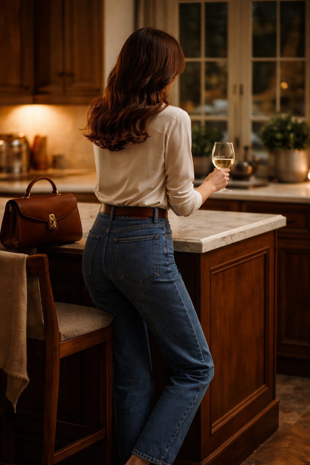 Classic Valentine’s Outfits You Already Own straight jeans and silk blouse leaning against marble kitchen counter