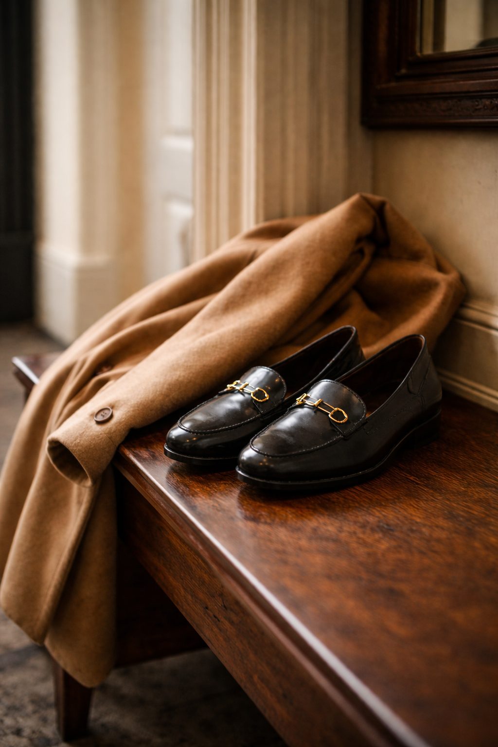 Classic Valentine’s Outfits You Already Own polished leather loafers and coat waiting by walnut bench and rug