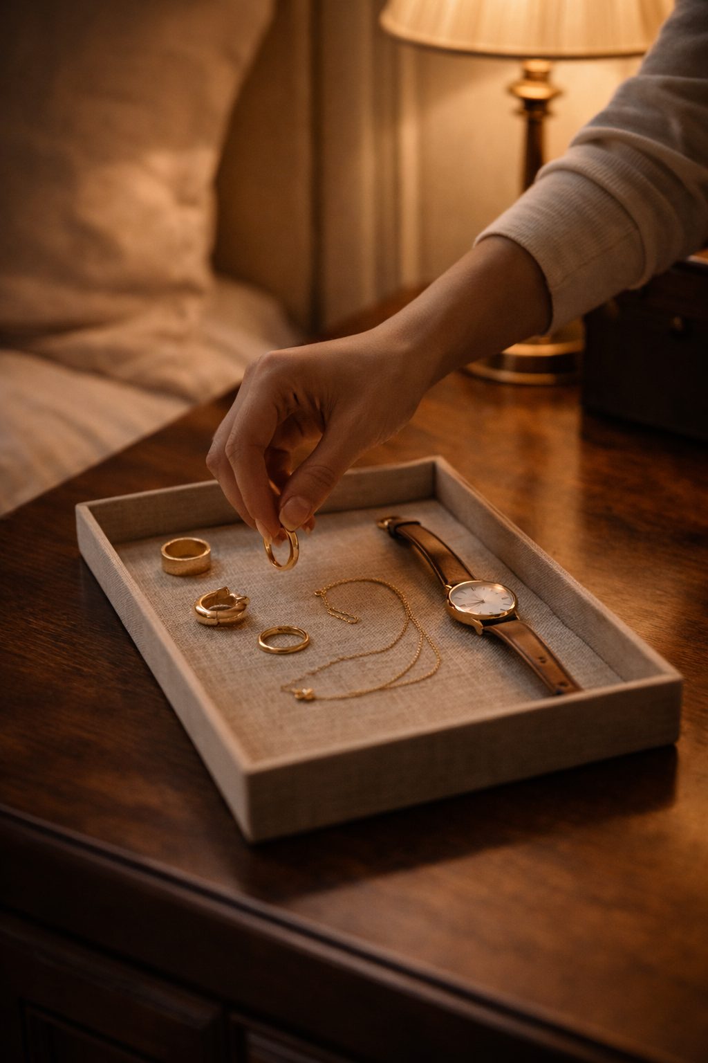 Classic Valentine’s Outfits You Already Own personal gold jewelry lying neatly in linen tray on wooden bedside table
