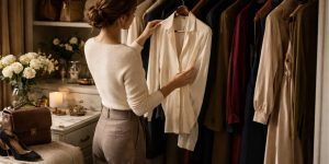 Classic Valentine’s Outfits You Already Own woman shops her closet holding silk blouse beside coats and dresses in warm elegant room