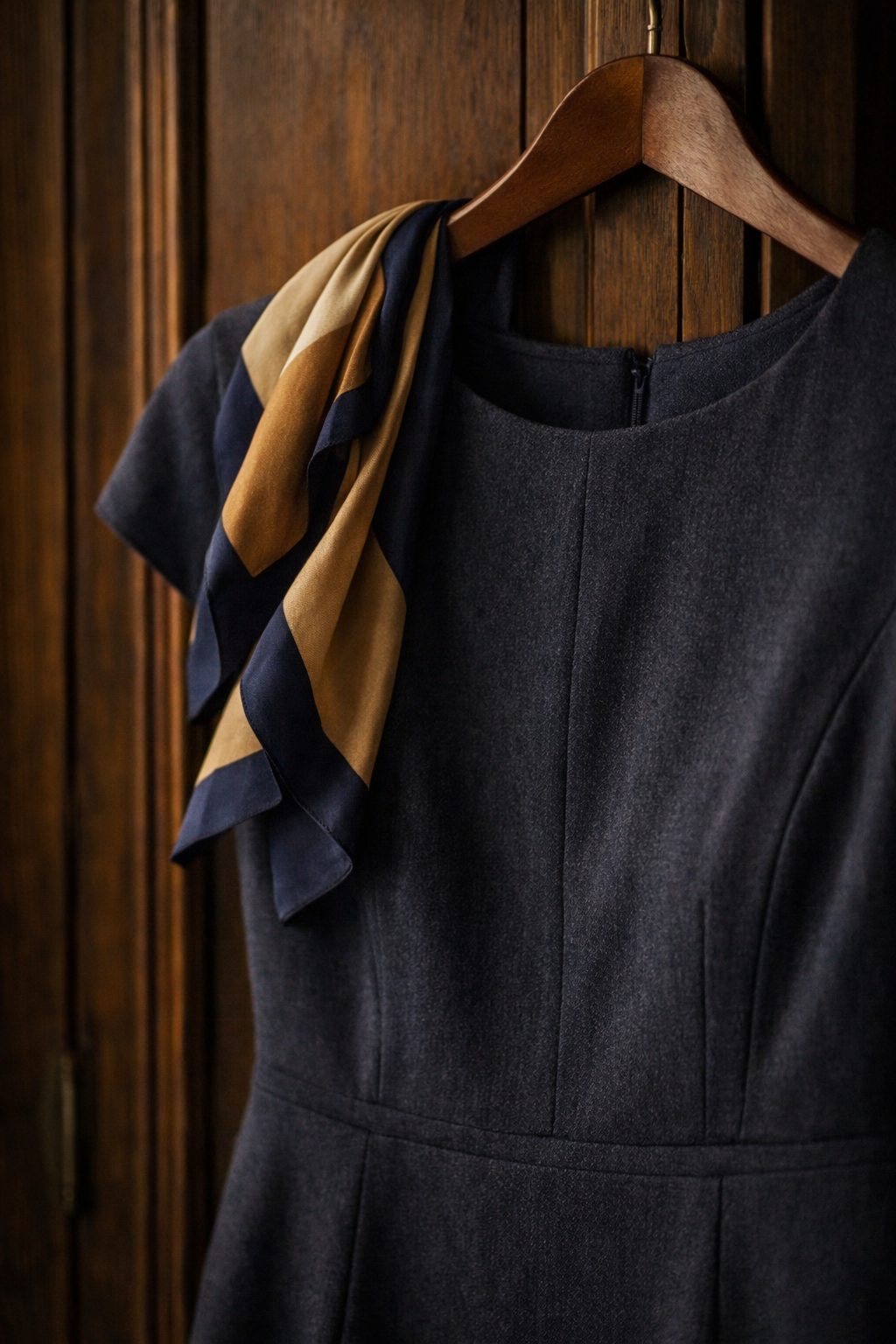 Close-up of a charcoal blue Corporate Dress on a wooden hanger showing clean seams, soft structure, and refined tailoring