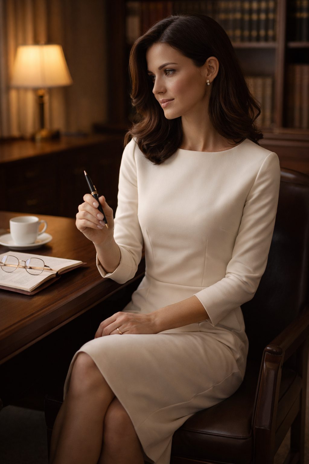 Woman seated at a desk in an ivory Corporate Dress, minimal styling, soft light, and quiet confidence at work