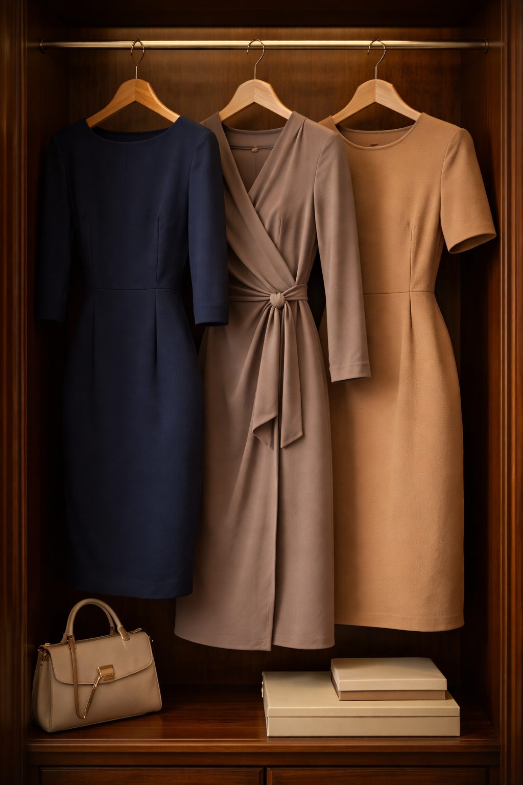Three Corporate Dress styles hanging in a wood wardrobe: navy sheath, taupe wrap, and camel midi dress